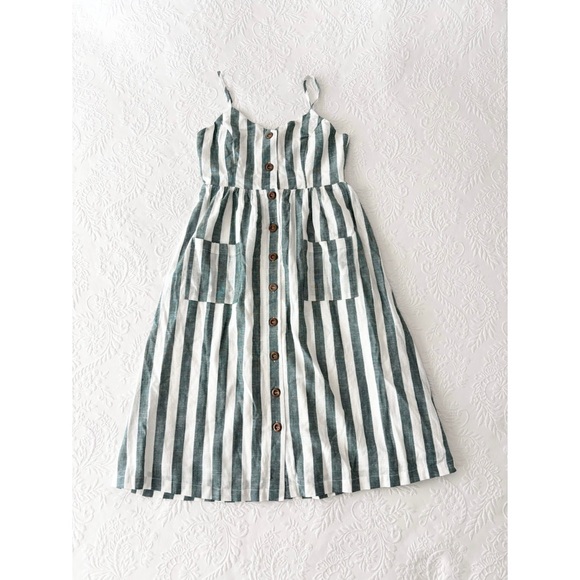 NWOT Lulus Marseille Mood Green Striped Linen Midi Dress With Pockets Small - Picture 2 of 7